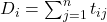  D_i = \sum_{j=1}^{n} t_{ij} 